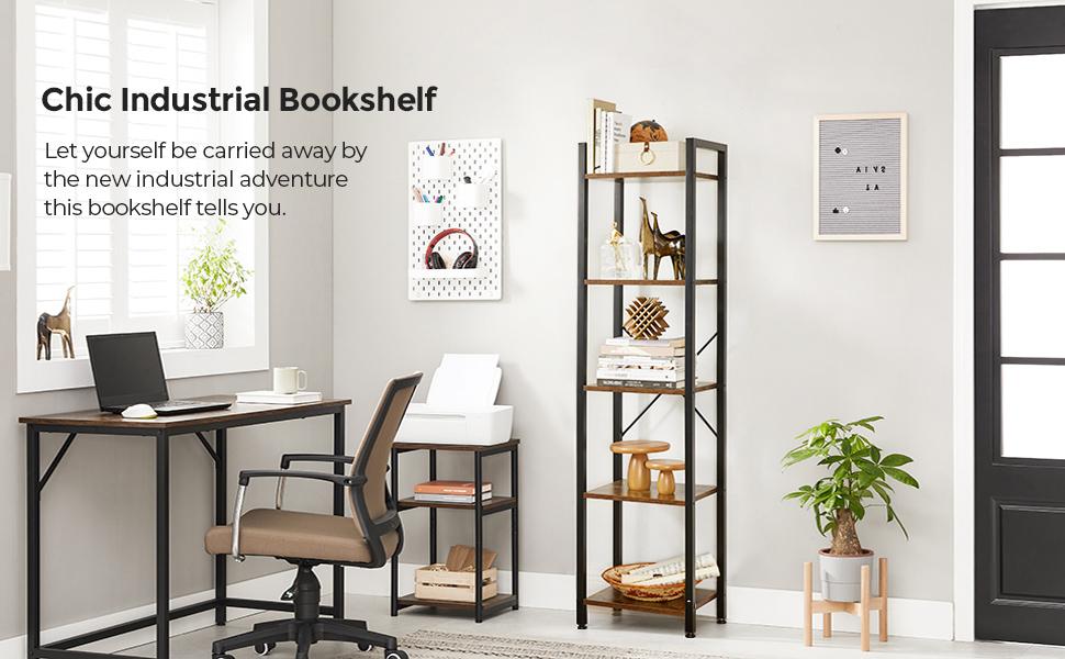VASAGLE LLS100B01 5 Tier Bookcase Storage Unit for Office, Living Room, Bedroom, 30 x 39.5 x 154 cm, Industrial Style