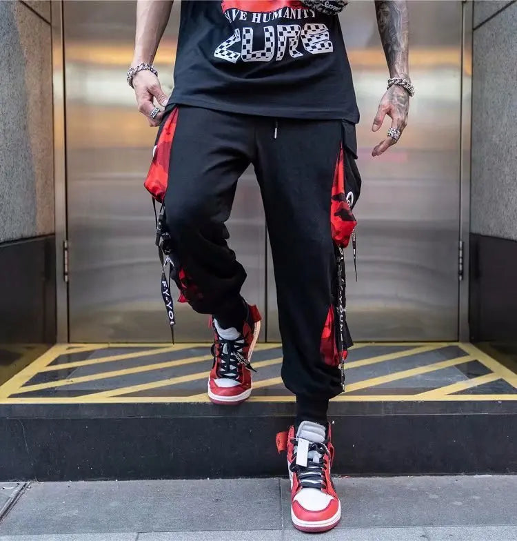 Men's Cargo Pants Casual Hip Hop Hit Color Multiple Pockets Trousers Streetwear Ribbons Techwear Sweatpants