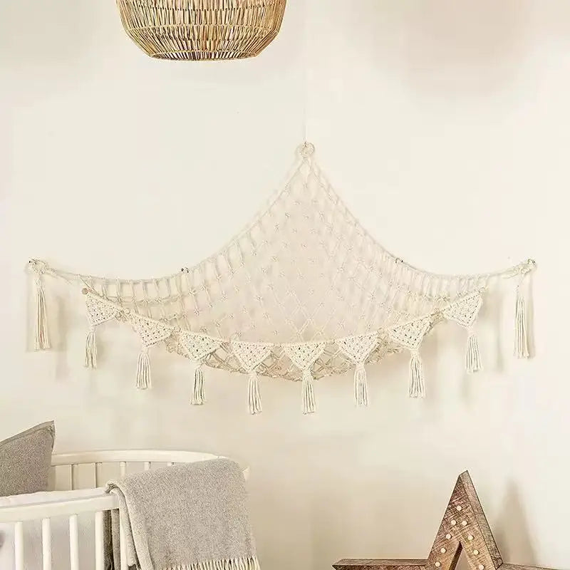 Plush doll storage hanging net - corner with heart-shaped hollow design and tassel, baby room, Christmas/Thanksgiving decoration