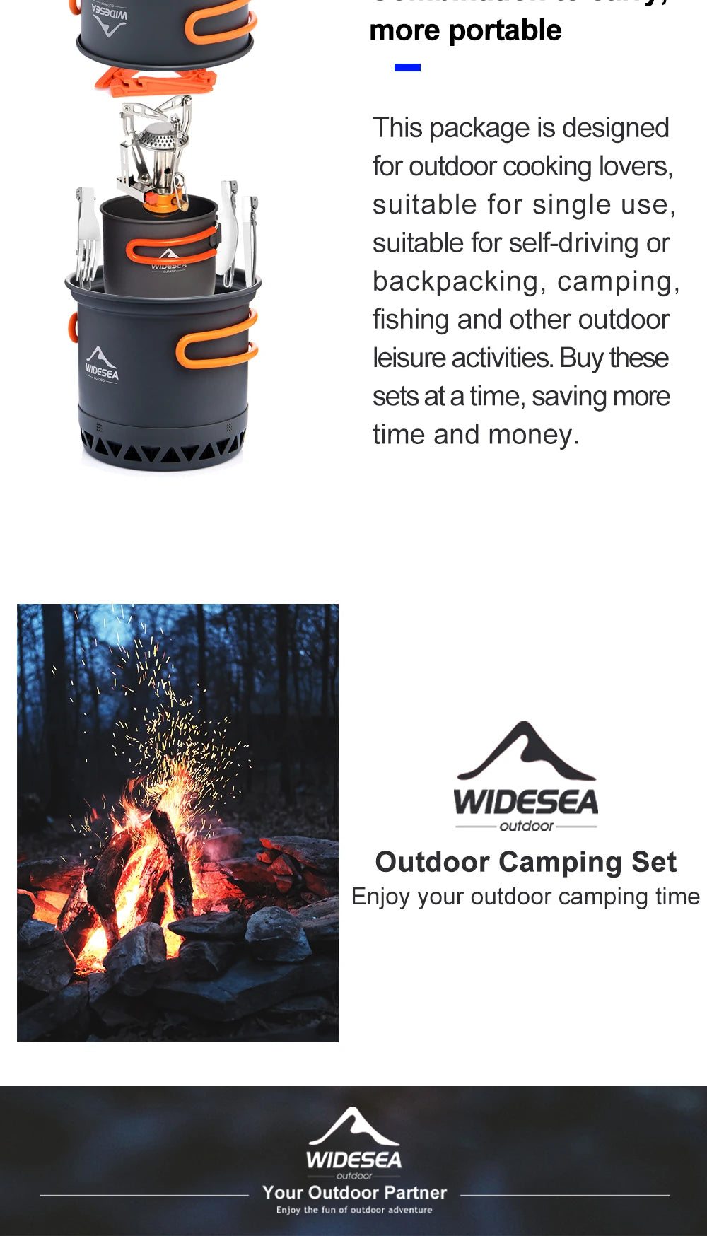 Widesea Portable Camping Cookware Set Aluminum 1.3L Pot 440ML Cup Stove Cutlery Set Bracket for Outdoor Cooking Hiking Backpack