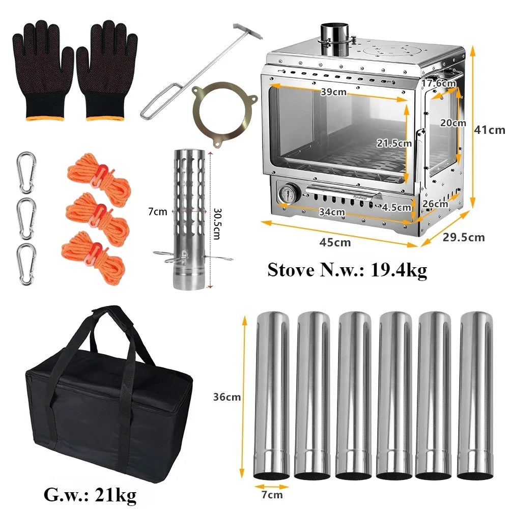 Portable Wood Stove 430 Stainless Triple-Sided Fire View Camping Tent Stove BBQ Grill Oven Outdoor Heater Thermometer SmiloDon