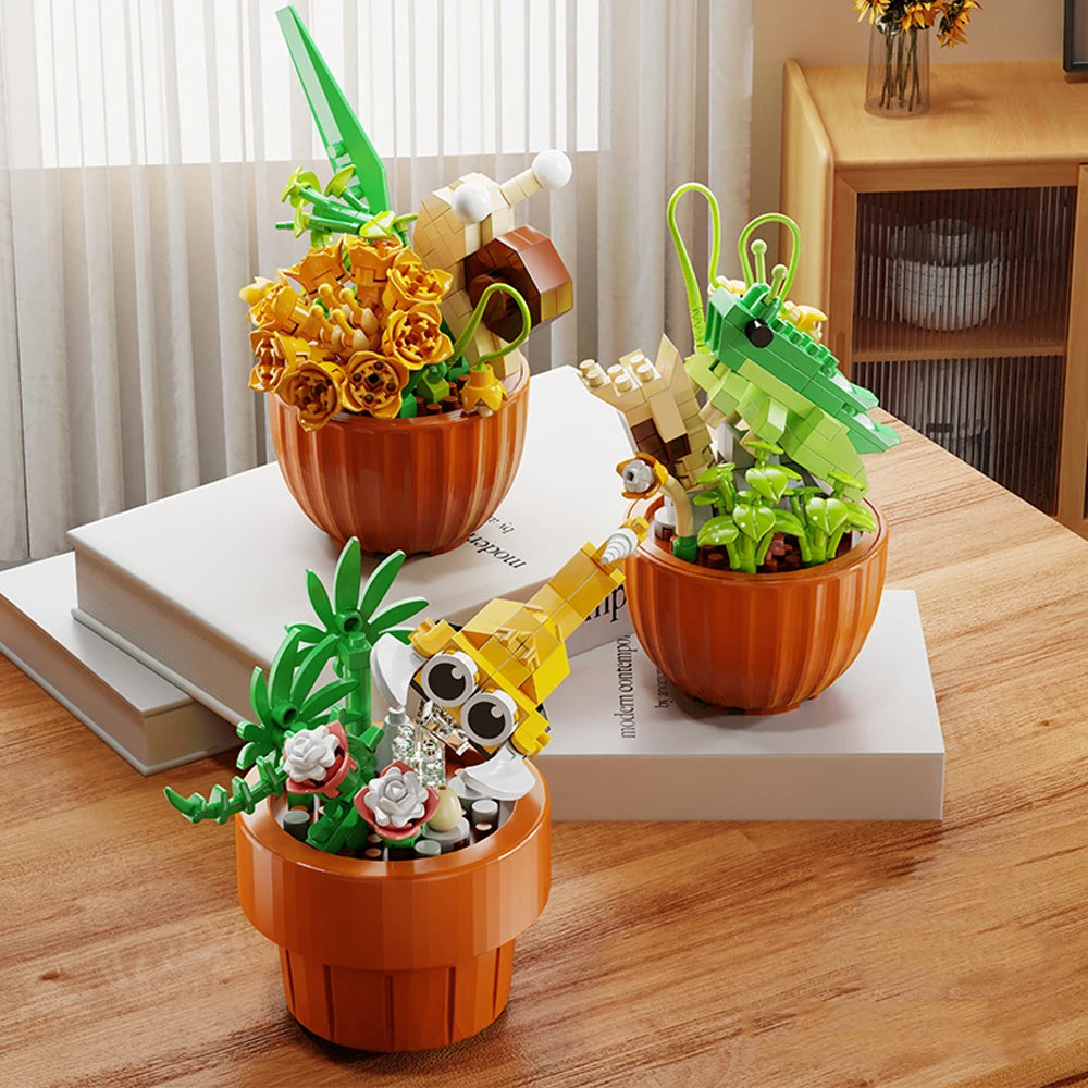 Best Selling Products 2024 Insect Series Plastic Building Blocks Flowers Potted Plant DIY Toys Christmas New Year Decor