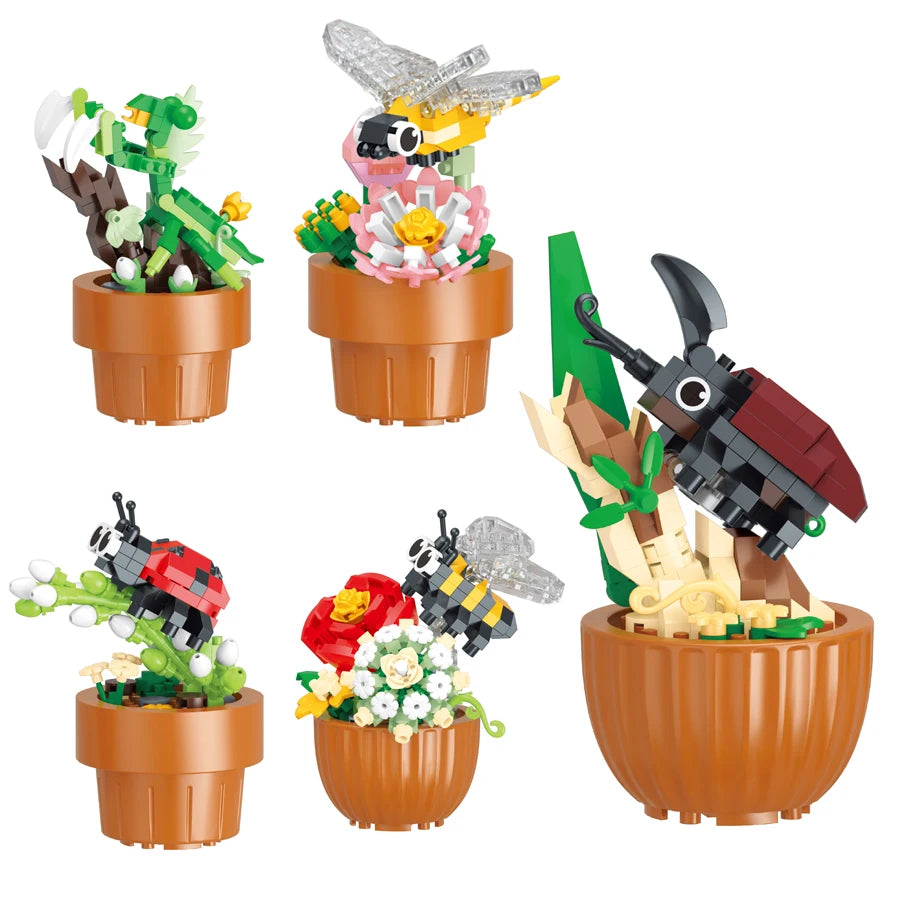 Best Selling Products 2024 Insect Series Plastic Building Blocks Flowers Potted Plant DIY Toys Christmas New Year Decor
