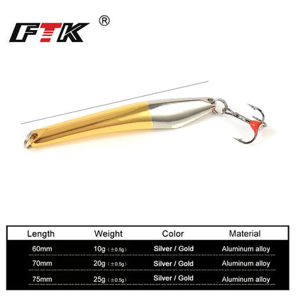 FTK Winter Ice Fishing Lure 10g 20g 25g Vertical Jigs Metal Spoonbait Hard Lure with Treble Hook for fishing of perch and pike