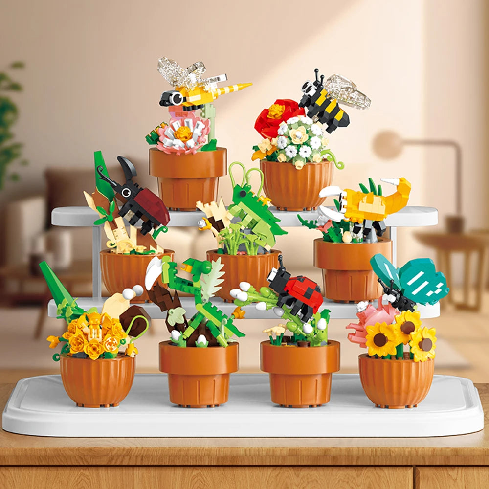 Best Selling Products 2024 Insect Series Plastic Building Blocks Flowers Potted Plant DIY Toys Christmas New Year Decor