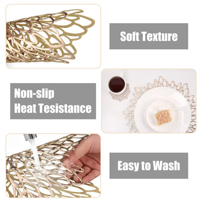 PVC Placemats Metallic Glitter Vinyl Dinning Table Mats Hollow Out Leaf Placemats For Thanksgiving Christmas Holiday Decorative