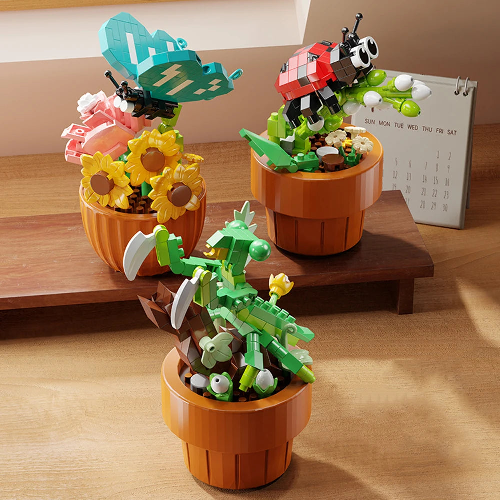 Best Selling Products 2024 Insect Series Plastic Building Blocks Flowers Potted Plant DIY Toys Christmas New Year Decor