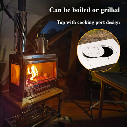 Portable Wood Stove 430 Stainless Triple-Sided Fire View Camping Tent Stove BBQ Grill Oven Outdoor Heater Thermometer SmiloDon