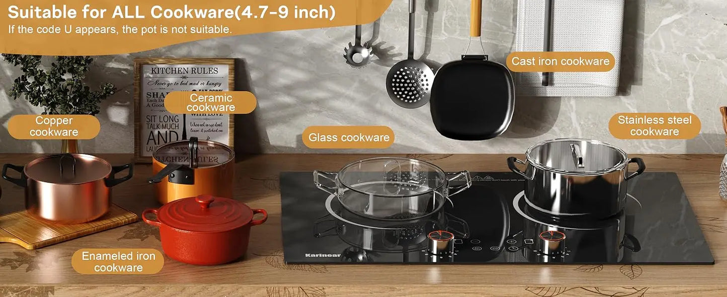 Karinear Ceramic hob 2 Zones with Plug, 3200W, 60cm Portable or Built-in Installation, Touch and Knobs Control, Infrared heating