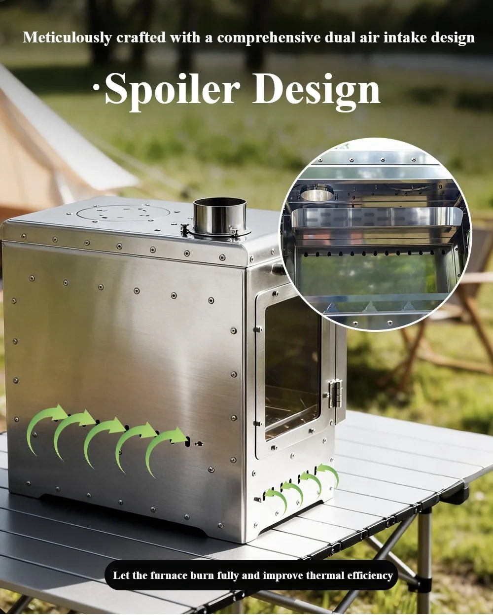 Portable Wood Stove 430 Stainless Triple-Sided Fire View Camping Tent Stove BBQ Grill Oven Outdoor Heater Thermometer SmiloDon