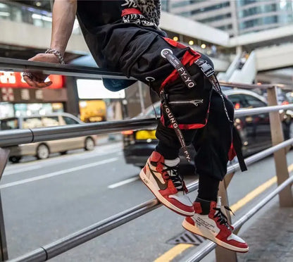 Men's Cargo Pants Casual Hip Hop Hit Color Multiple Pockets Trousers Streetwear Ribbons Techwear Sweatpants