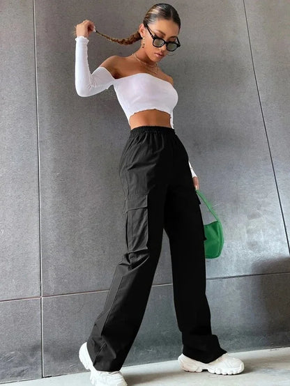 Fashion Women Baggy Joggers Pants Casual Communte Female Chic Straight Cargo Pant Elastic High Waist Elegant Oversized Trousers