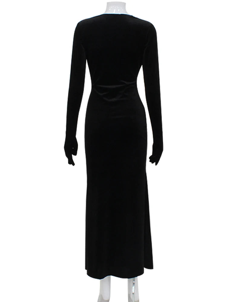 Party Velvet Dresses For Women Fashion Sexy Solid Full Sleeves Gloves V-Neck Hip Wrap Sheath Long Vestidos Robes Female Elegant