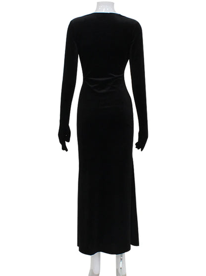Party Velvet Dresses For Women Fashion Sexy Solid Full Sleeves Gloves V-Neck Hip Wrap Sheath Long Vestidos Robes Female Elegant