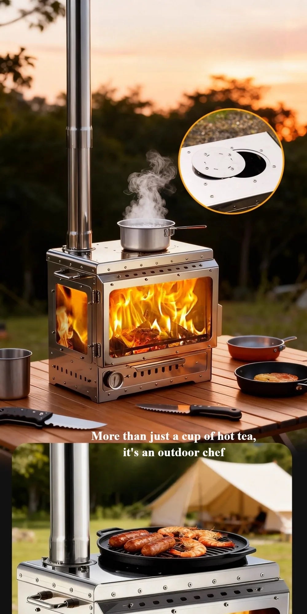 Portable Wood Stove 430 Stainless Triple-Sided Fire View Camping Tent Stove BBQ Grill Oven Outdoor Heater Thermometer SmiloDon
