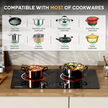 Karinear Ceramic hob 2 Zones with Plug, 3200W, 60cm Portable or Built-in Installation, Touch and Knobs Control, Infrared heating