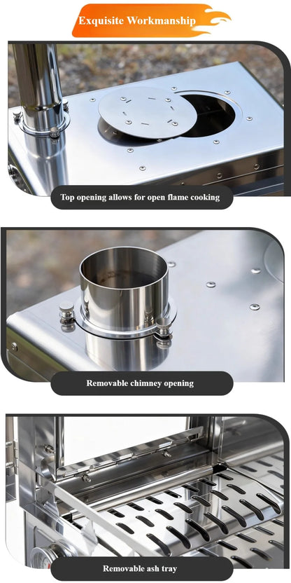 Portable Wood Stove 430 Stainless Triple-Sided Fire View Camping Tent Stove BBQ Grill Oven Outdoor Heater Thermometer SmiloDon