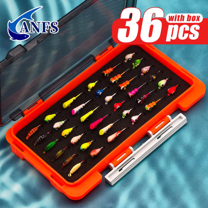 ANFS Ice Fishing Jigs Kit Ice Fishing Lures for Walleye Perch Jigs Heads for Ice Fishing Tackle Panfish Crappie Jigs 36pcs
