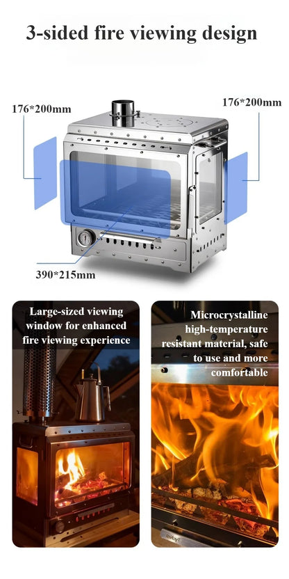Portable Wood Stove 430 Stainless Triple-Sided Fire View Camping Tent Stove BBQ Grill Oven Outdoor Heater Thermometer SmiloDon