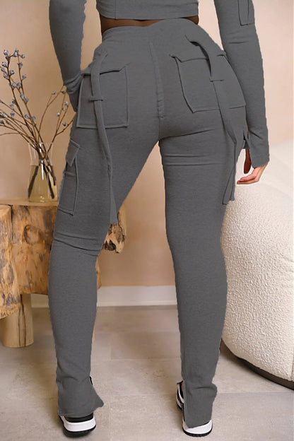 Cargo Pant Women Long Pants Sexy Slim Fit Casual Drawstring Splice Button Pocket Straight Trousers Lace Up High Elastic Waist