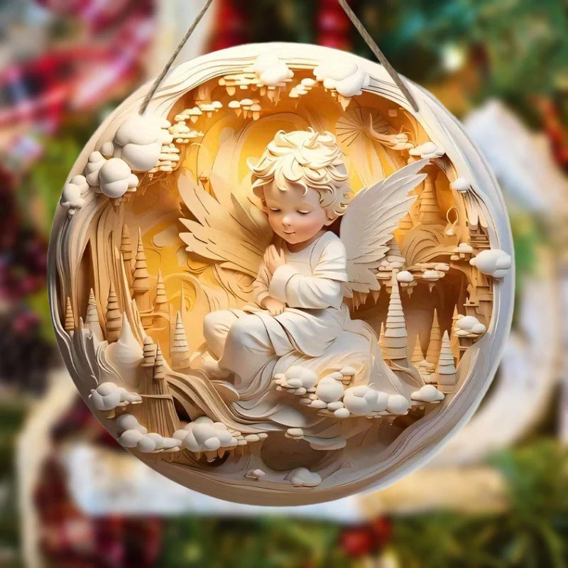 1pc, 2D Nativity Angel Wings Castle Baptism Hope Wooden 20cm/7.87inch Round-shaped Hanging Wall or Door Decor, Thanksgiving