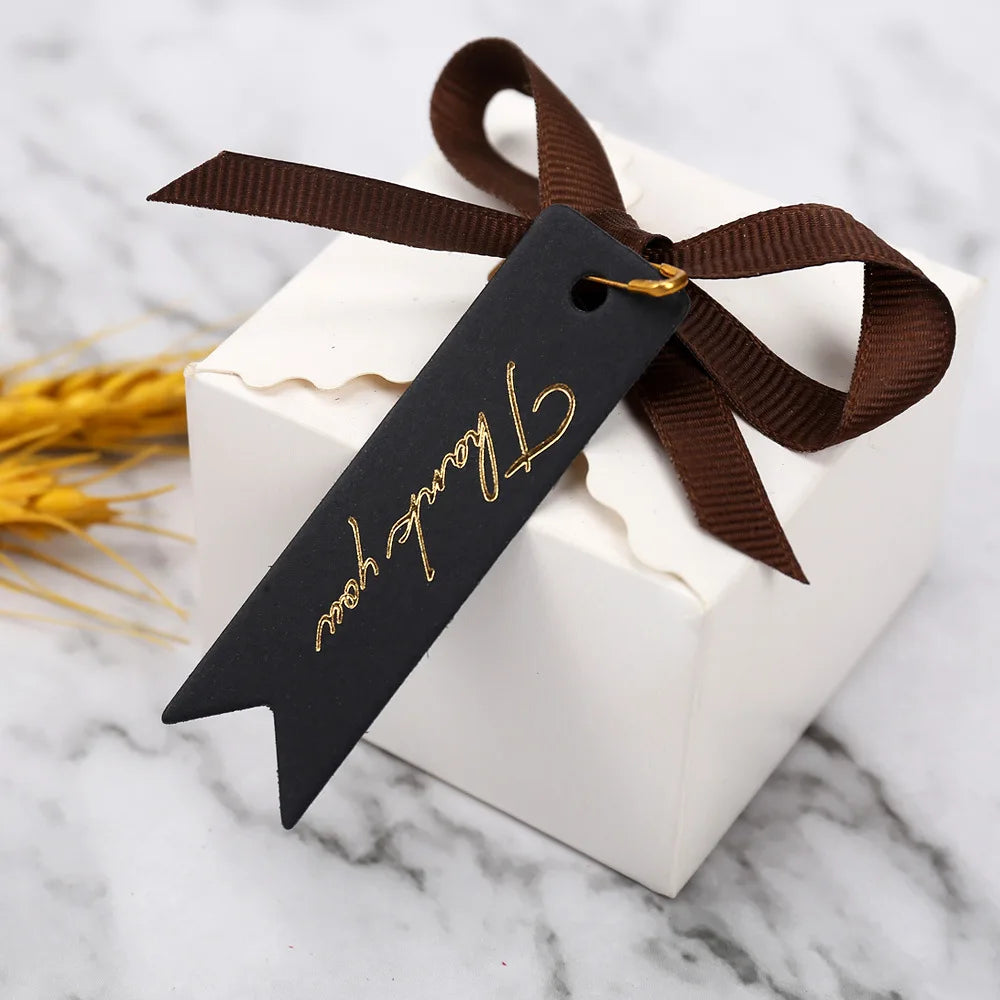 Gift Tags Thank You Cards 50pcs 7x2cm White Kraft Black Red Paper Labels Wedding Birthday Christmas Party Packaging Supplies