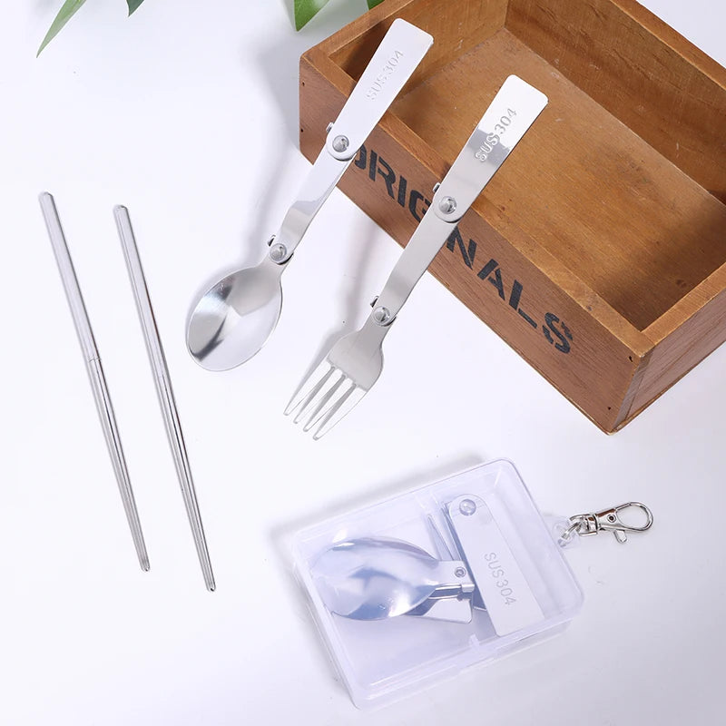 1Pc/3Pcs Portable Outdoor Cutleries Stainless Steel Spoon Fork Chopstick For Camping Travel School Use Folding Tablewares