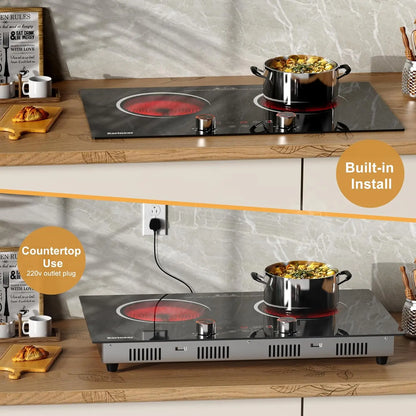 Karinear Ceramic hob 2 Zones with Plug, 3200W, 60cm Portable or Built-in Installation, Touch and Knobs Control, Infrared heating