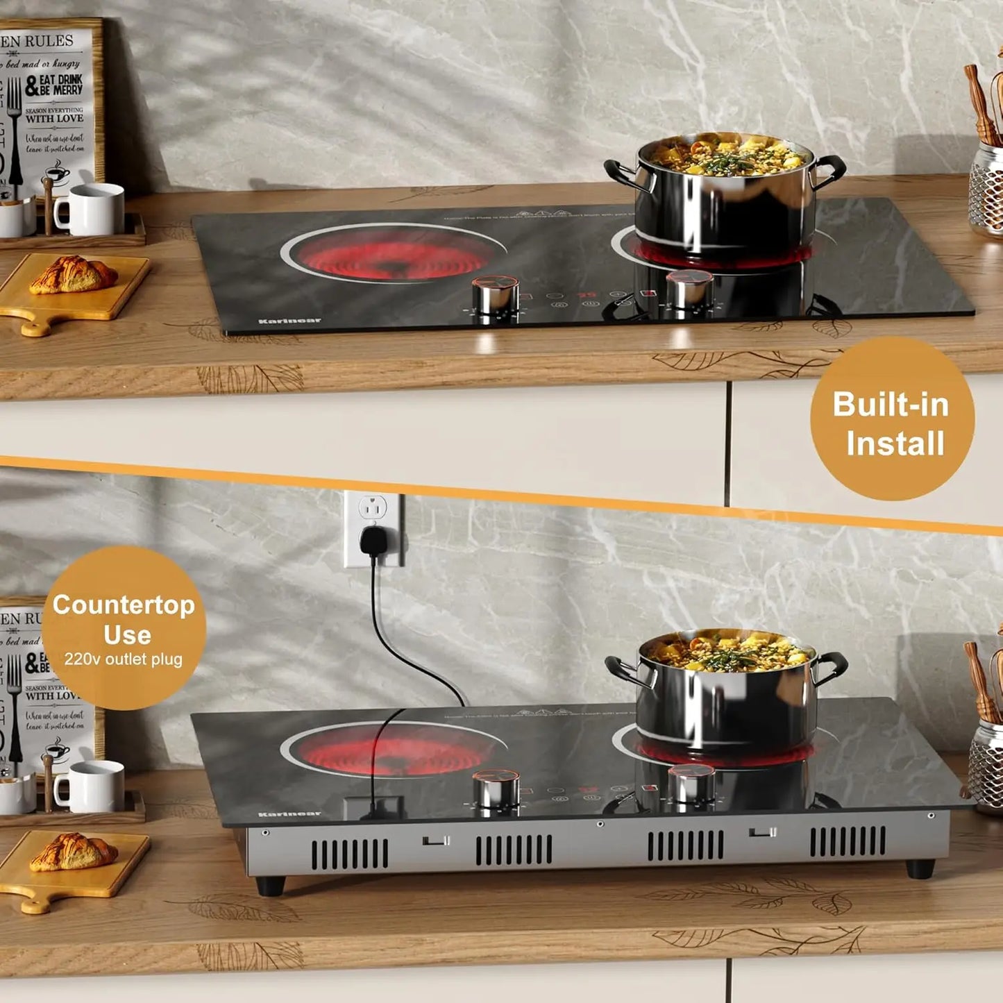 Karinear Ceramic hob 2 Zones with Plug, 3200W, 60cm Portable or Built-in Installation, Touch and Knobs Control, Infrared heating