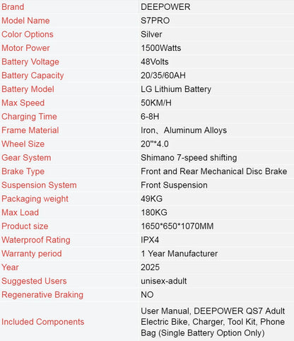 DEEPOWER S7Pro Off-Road Electric Bike for 1500W Motor 48V 60AH LG Battery with Adults Mountain Ebike All-Terrain Motorcycle