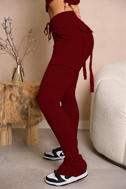 Cargo Pant Women Long Pants Sexy Slim Fit Casual Drawstring Splice Button Pocket Straight Trousers Lace Up High Elastic Waist