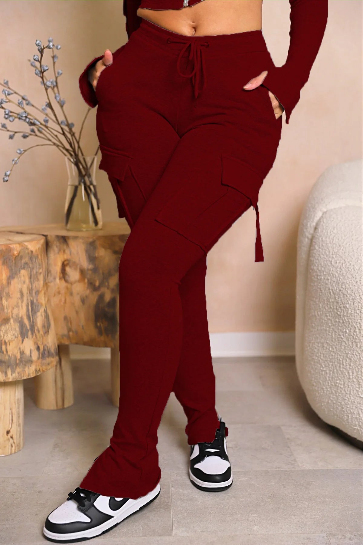 Cargo Pant Women Long Pants Sexy Slim Fit Casual Drawstring Splice Button Pocket Straight Trousers Lace Up High Elastic Waist