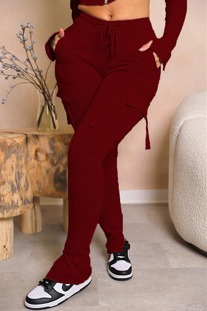 Cargo Pant Women Long Pants Sexy Slim Fit Casual Drawstring Splice Button Pocket Straight Trousers Lace Up High Elastic Waist