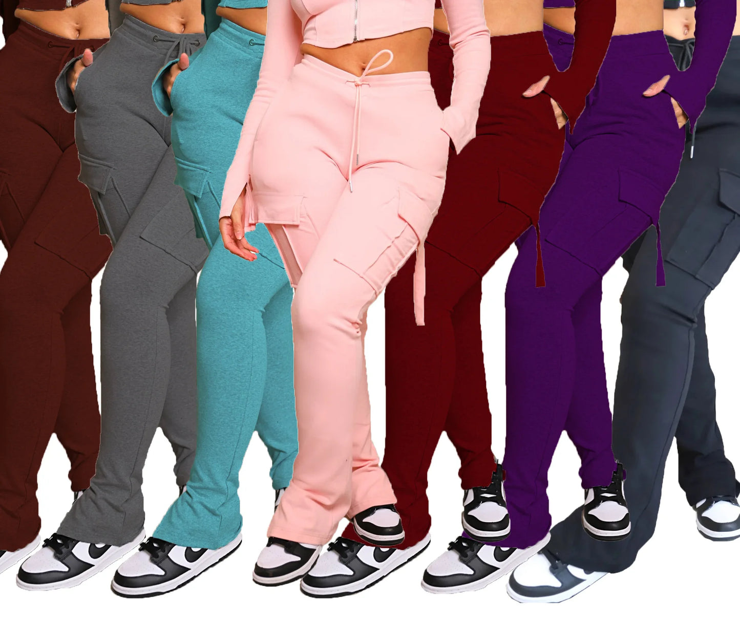 Cargo Pant Women Long Pants Sexy Slim Fit Casual Drawstring Splice Button Pocket Straight Trousers Lace Up High Elastic Waist