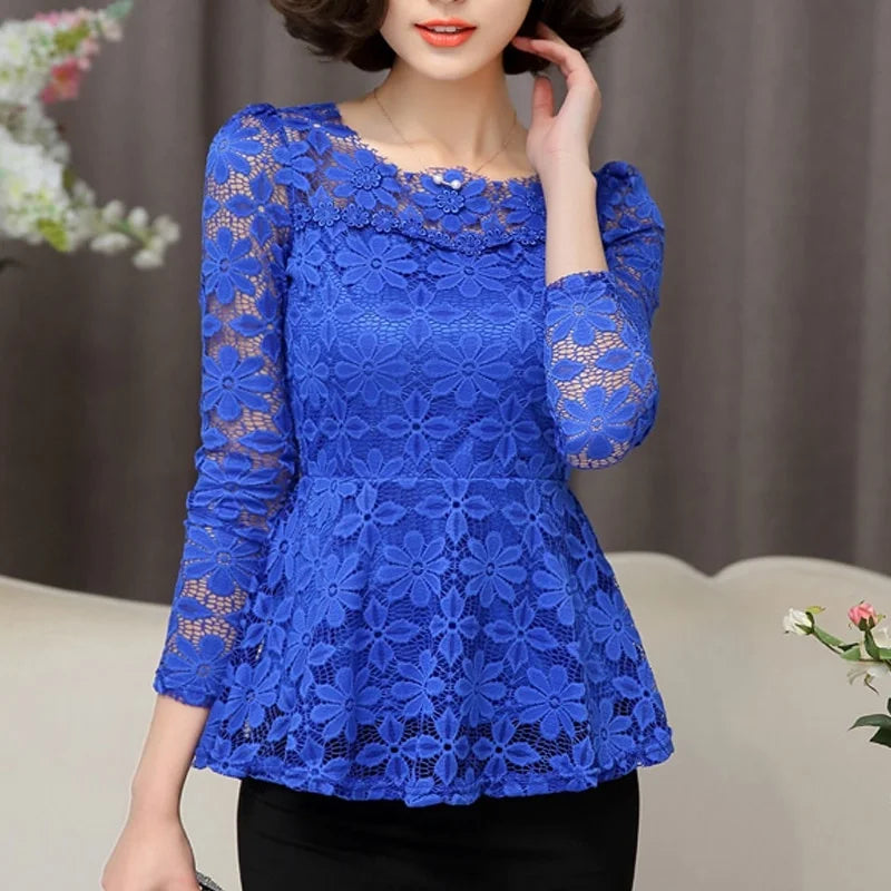 Women blusas blusa longa camisa feminina vintage long sleeve lace blouse plissado topo chemise femme Plus Size S-5XL