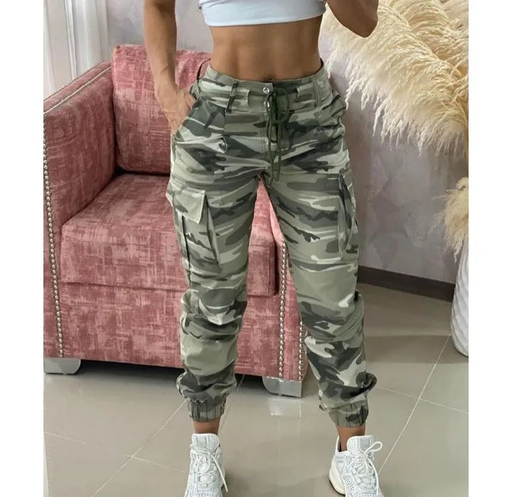 Cargo Pants for Women Camouflage Print Drawstring Pocket Design Pant 2024 Spring Casual High Waist Daily Cuffed Long Trousers