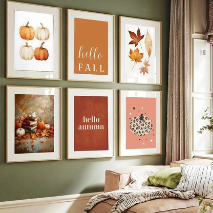 Autumn Leaves Pumpkins Print Poster Fall Home Bedroom Living Room Decor Autumn Vibes Decor Canvas Painitng Thanksgiving Gift