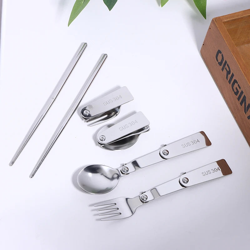 1Pc/3Pcs Portable Outdoor Cutleries Stainless Steel Spoon Fork Chopstick For Camping Travel School Use Folding Tablewares