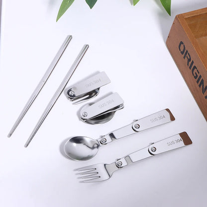 1Pc/3Pcs Portable Outdoor Cutleries Stainless Steel Spoon Fork Chopstick For Camping Travel School Use Folding Tablewares