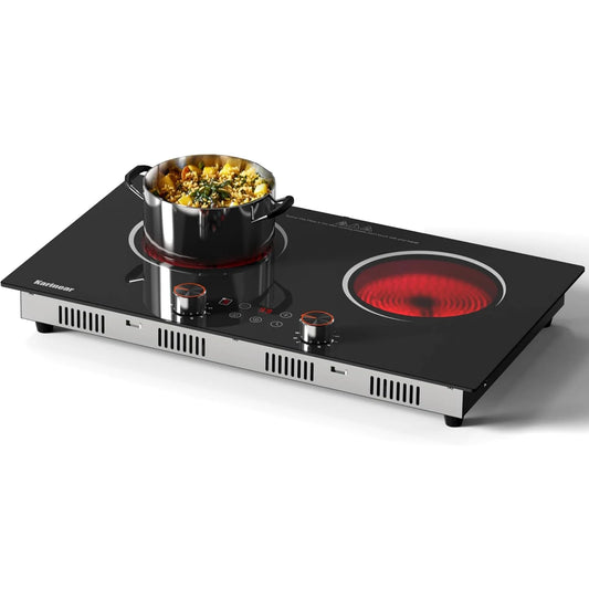Karinear Ceramic hob 2 Zones with Plug, 3200W, 60cm Portable or Built-in Installation, Touch and Knobs Control, Infrared heating