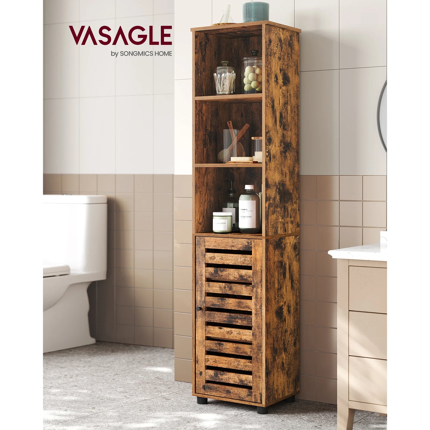 VASAGLE Bathroom Floor Cabinet, Tall Bathroom Storage Cabinet Unit, with 3 Open Compartments and 2 Adjustable Shelves