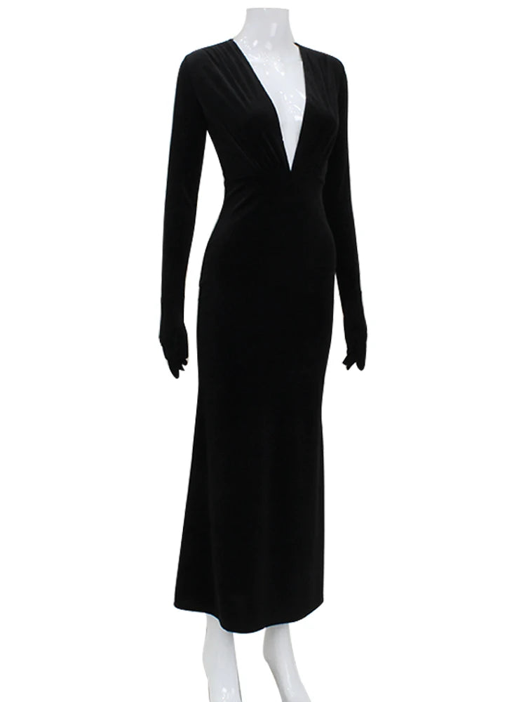 Party Velvet Dresses For Women Fashion Sexy Solid Full Sleeves Gloves V-Neck Hip Wrap Sheath Long Vestidos Robes Female Elegant