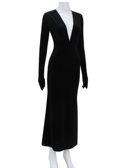Party Velvet Dresses For Women Fashion Sexy Solid Full Sleeves Gloves V-Neck Hip Wrap Sheath Long Vestidos Robes Female Elegant