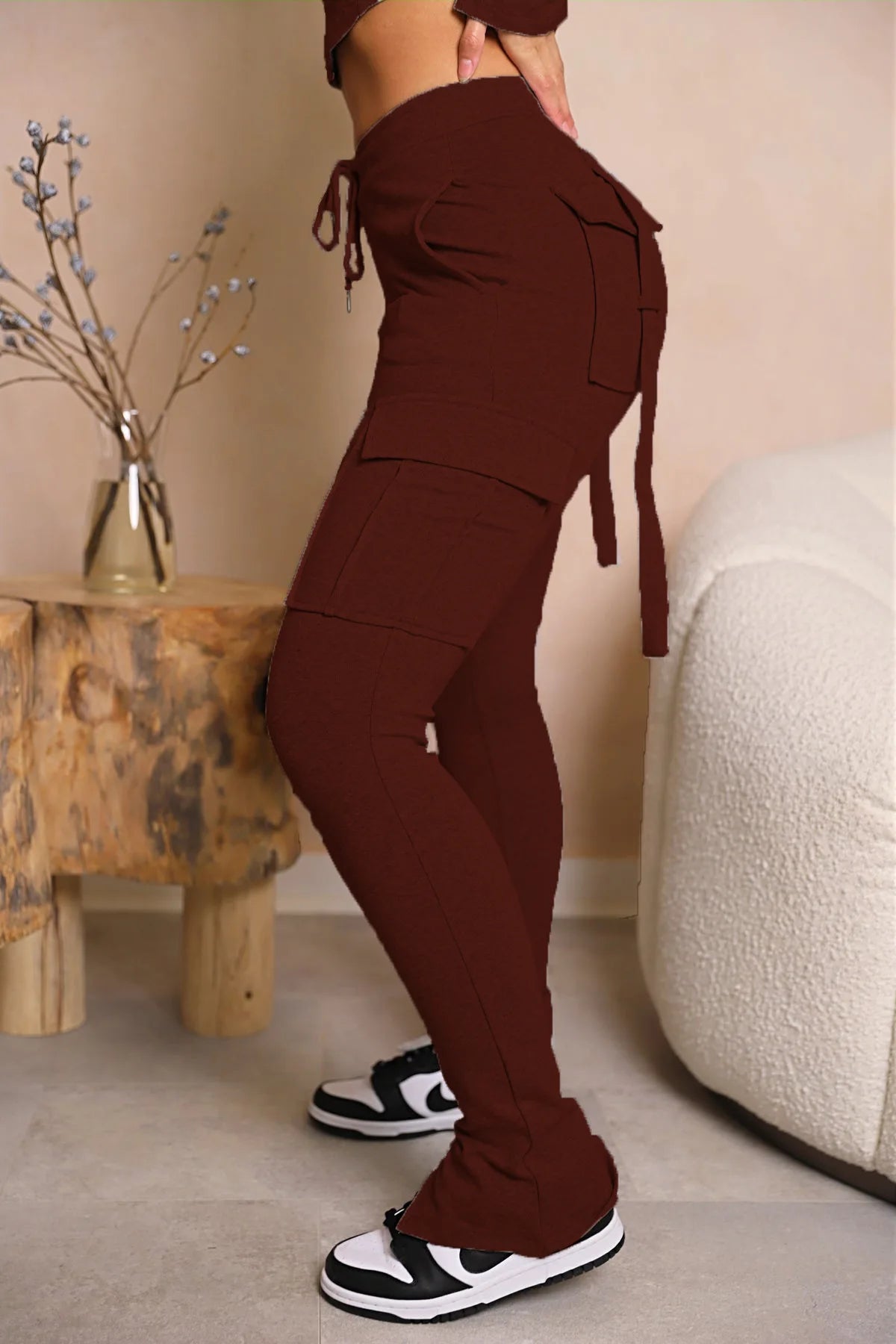 Cargo Pant Women Long Pants Sexy Slim Fit Casual Drawstring Splice Button Pocket Straight Trousers Lace Up High Elastic Waist
