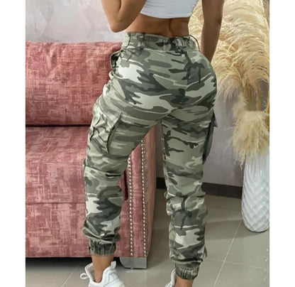 Cargo Pants for Women Camouflage Print Drawstring Pocket Design Pant 2024 Spring Casual High Waist Daily Cuffed Long Trousers