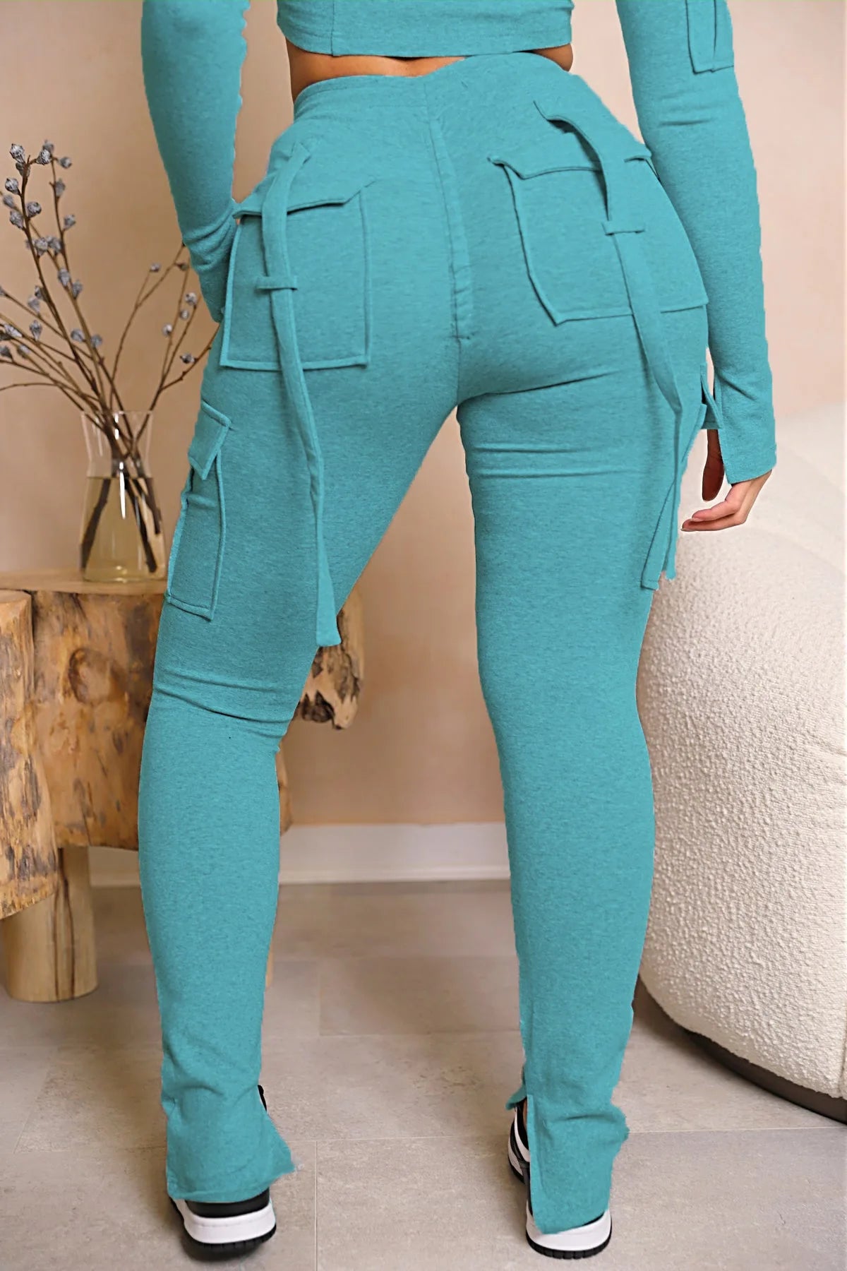 Cargo Pant Women Long Pants Sexy Slim Fit Casual Drawstring Splice Button Pocket Straight Trousers Lace Up High Elastic Waist