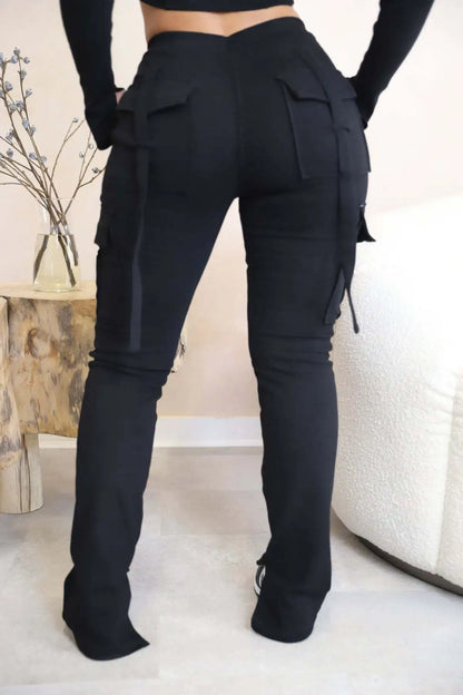 Cargo Pant Women Long Pants Sexy Slim Fit Casual Drawstring Splice Button Pocket Straight Trousers Lace Up High Elastic Waist