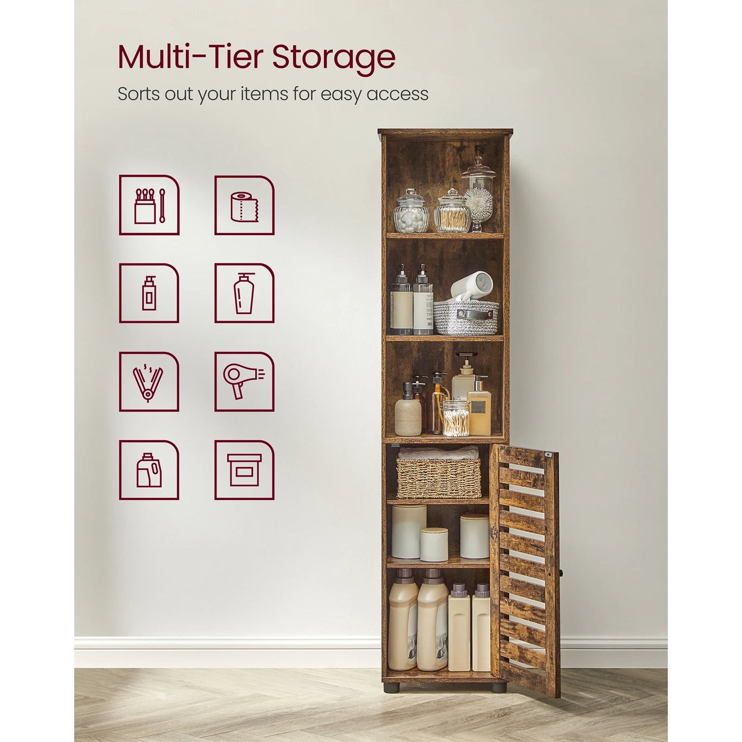 VASAGLE Bathroom Floor Cabinet, Tall Bathroom Storage Cabinet Unit, with 3 Open Compartments and 2 Adjustable Shelves
