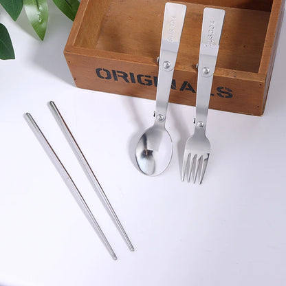 1Pc/3Pcs Portable Outdoor Cutleries Stainless Steel Spoon Fork Chopstick For Camping Travel School Use Folding Tablewares