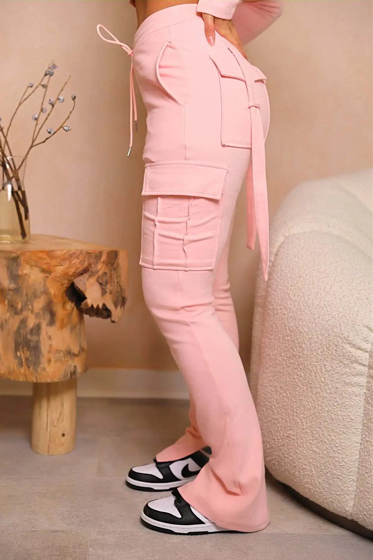 Cargo Pant Women Long Pants Sexy Slim Fit Casual Drawstring Splice Button Pocket Straight Trousers Lace Up High Elastic Waist